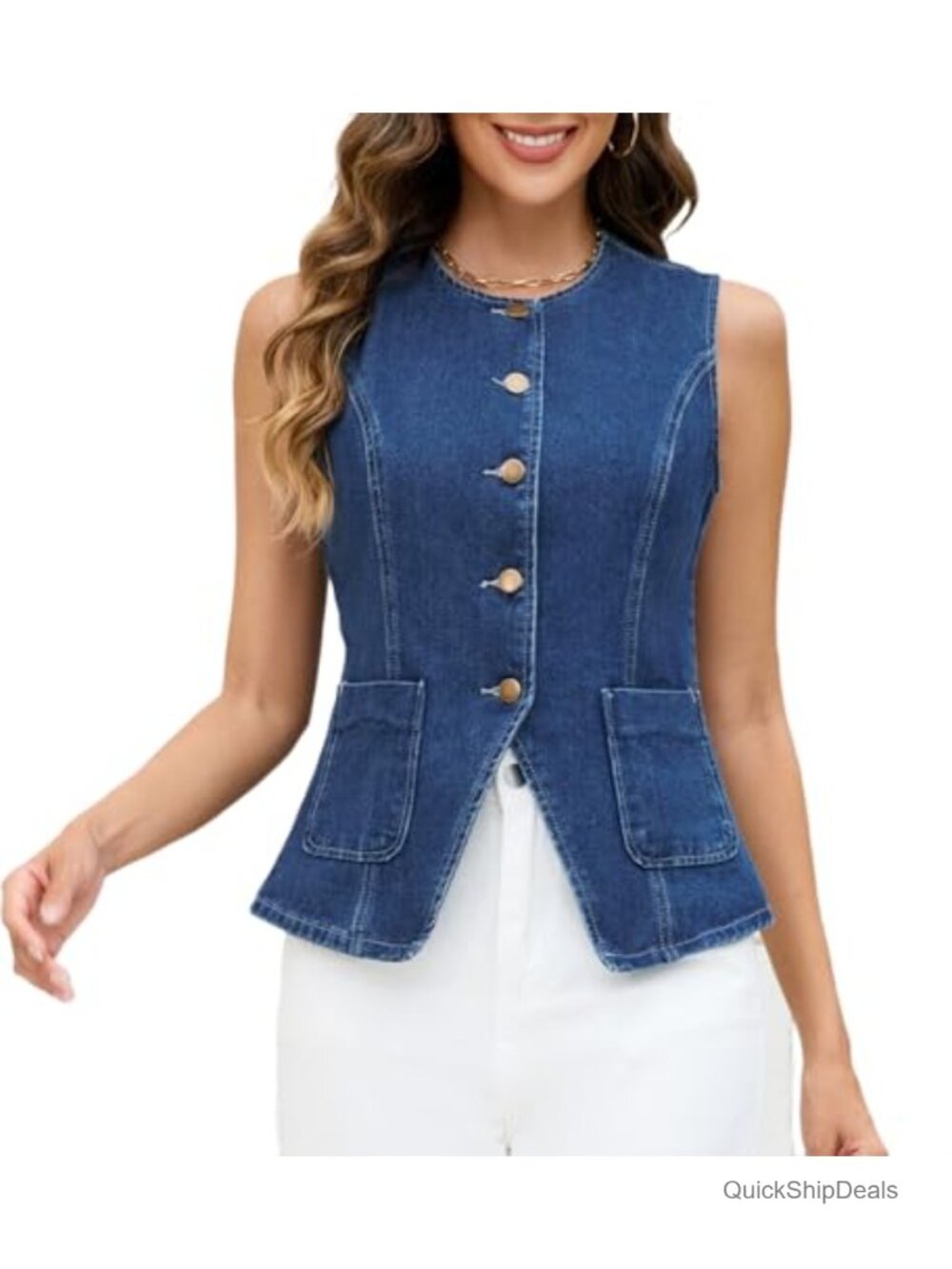 Women's Denim Vest Top Sleeveless Button Down Jean Vest with Pockets Western